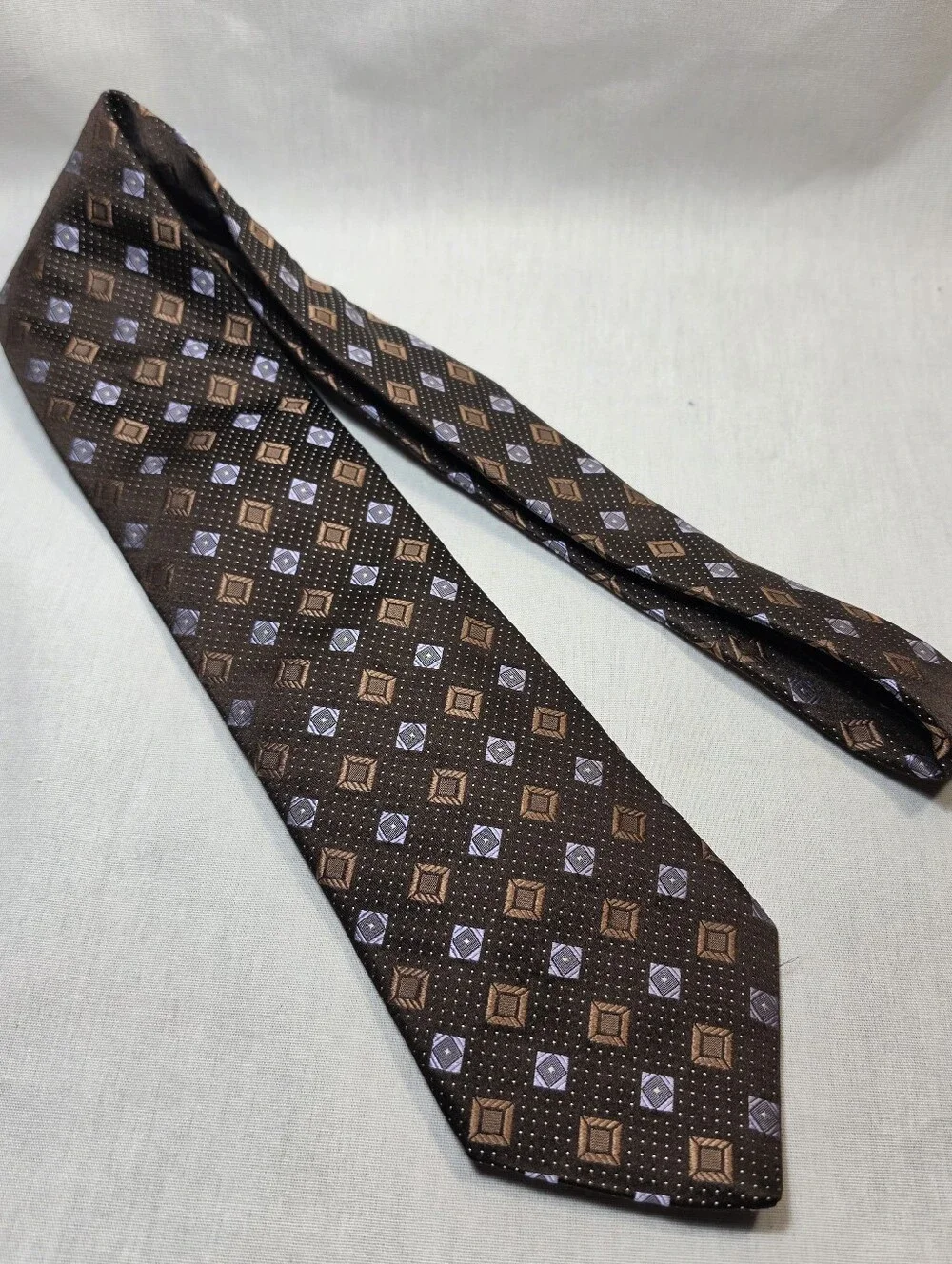 Mens Ike Behar Brown Tie with Silver & Tan Geometric Motif Necktie